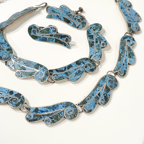 1940s Taxco Mexico Sterling Silver 950 Blue Stone Inlay 3 Piece Demi Parure Set - Picture 10 of 16